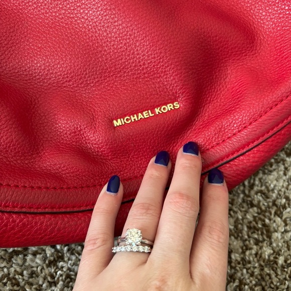 Michael Kors | Women's Red Leather Shoulder Hobo Bag - Picture 10 of 12